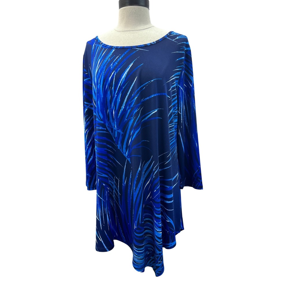 Clara Sunwoo Tunic Top Size Large Blue Excellent Palm Sharkbite Hem Long Sleeve